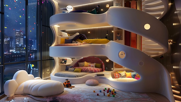 a room with a white spiral staircase and a white spiral staircase
