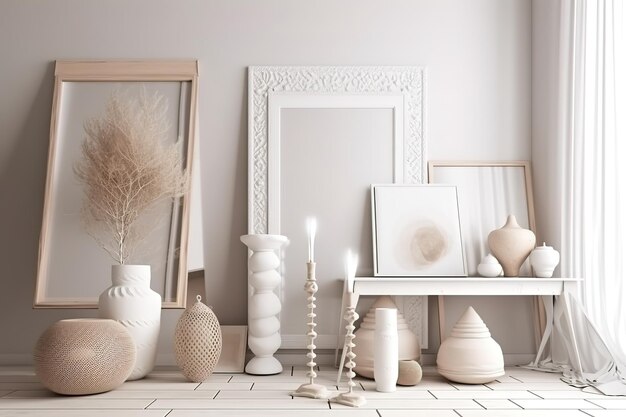 Foto una stanza con un tavolo bianco e diversi vasi sopra.
