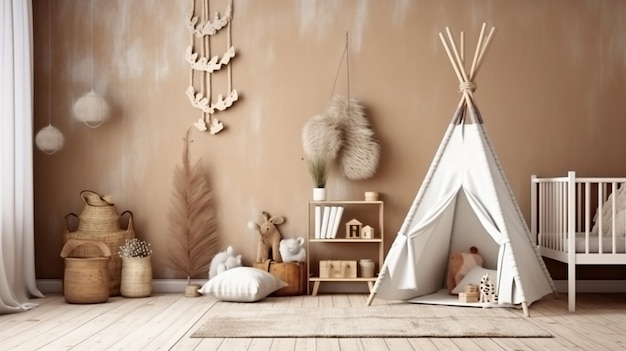 A room with a white teepee and a wooden shelf with a stuffed animal on it.