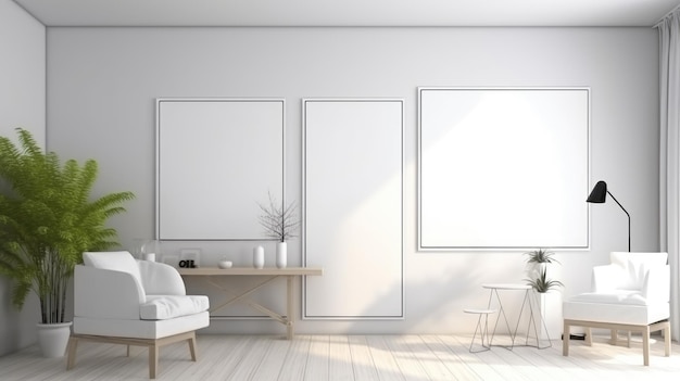 A room with a white wall and a picture of a plant and a chair.