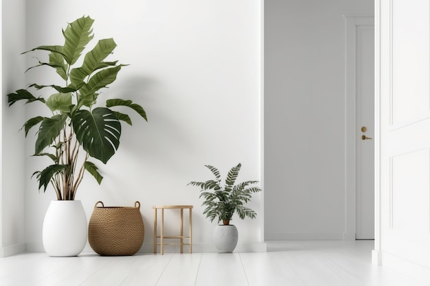 A room with a white wall and plants on the floor