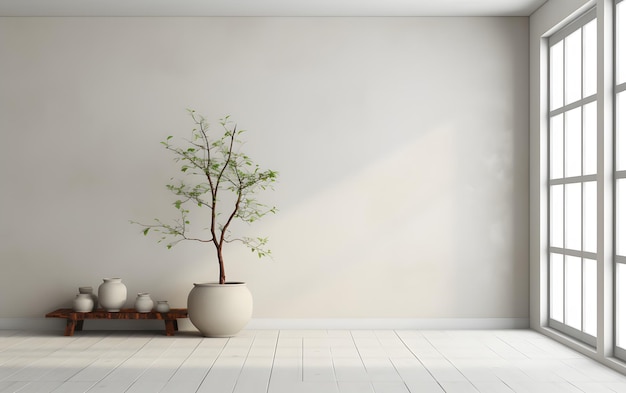 A room with a white wall and a tree in a pot