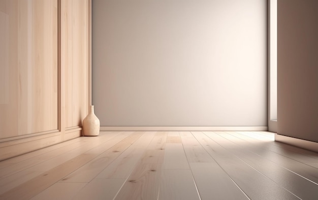 A room with a white wall and a vase on the floor