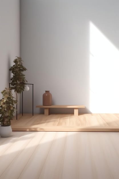 A room with a white wall and a wooden bench and a plant on the floor.