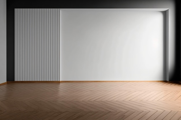 A room with a white wall and a wooden floor with a white wall that says'the word " on it.