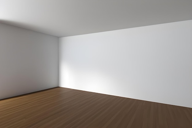 흰 벽과 나무 바닥이 있는 방.