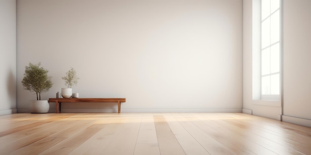 A room with a white wall and a wooden table with a plant on it.