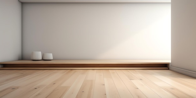 A room with a white wall and a wooden table with a white wall and a wooden floor.