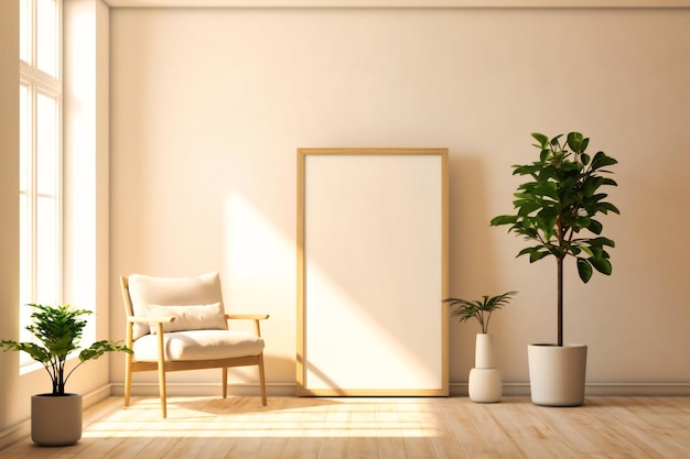 A room with white walls and plants with white picture frame