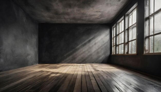 A room with a window and a black rough plaster wall smooth brown wooden floor The room is empty and the window is letting in sunlight