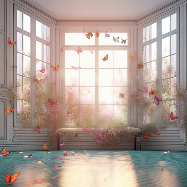 A room with a window and butterflies on it