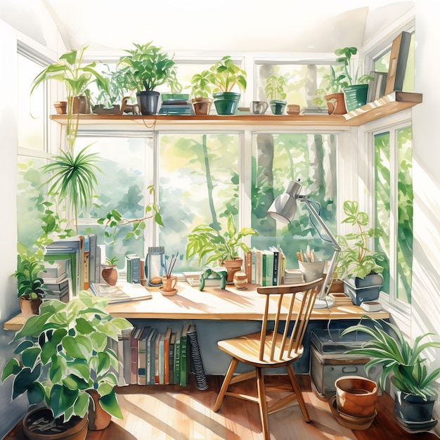 a room with a window and a chair and plants on the shelf