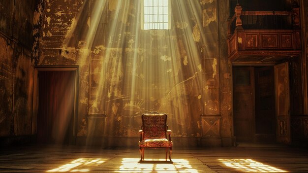 a room with a window and a chair with the sun shining through the window