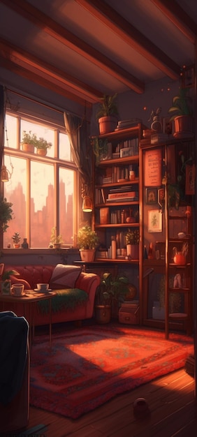 A room with a window and a couch with books on it.