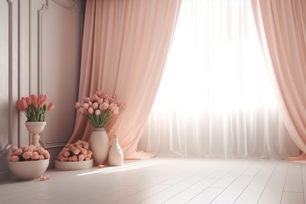 A room with a window and flowers in a vases.