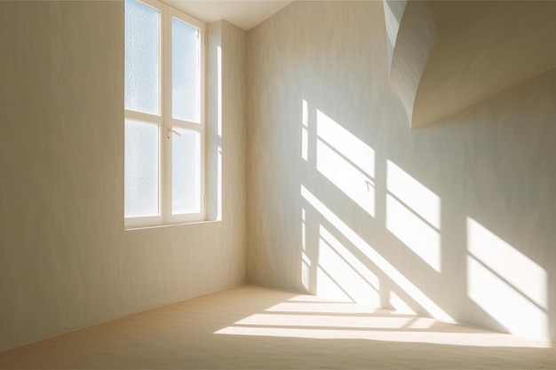 A room with a window and a light on it