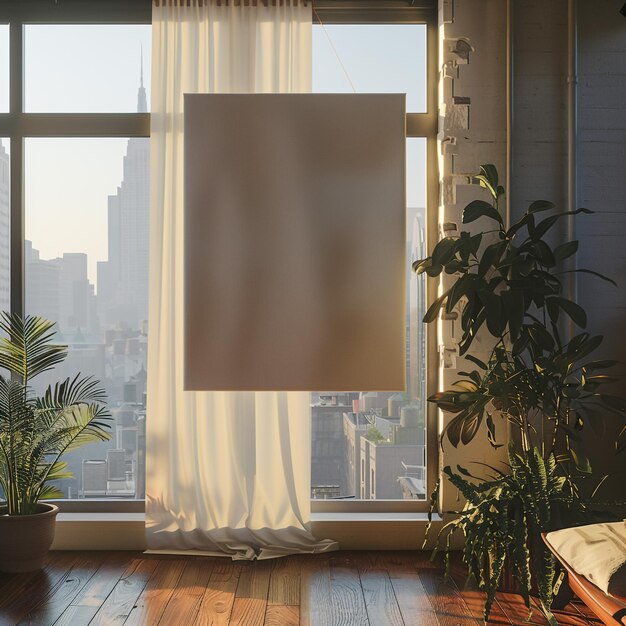 a room with a window and a plant with a white curtain that says quot art quot