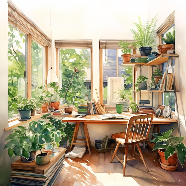 a room with a window plants books and a book shelf