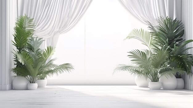 A room with a window and plants in white