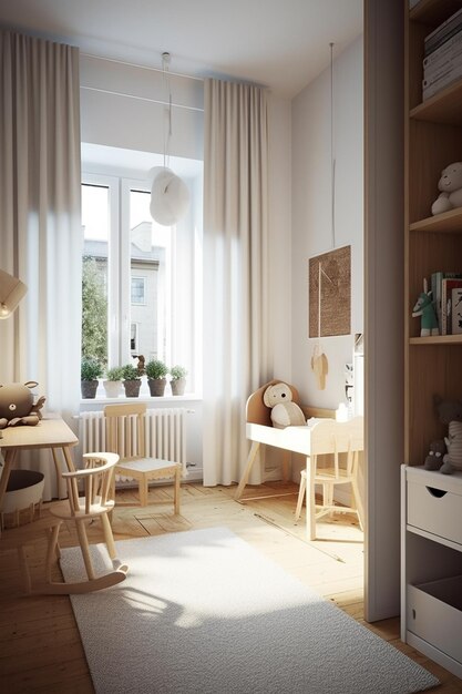 A room with a window and a table with a chair and a bookcase with a plant on it.