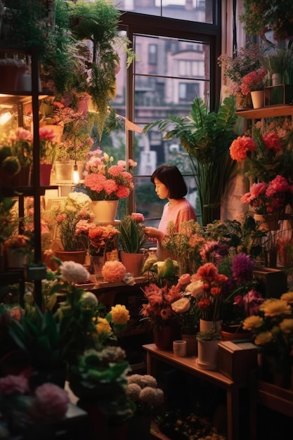 A room with a window that has flowers on it