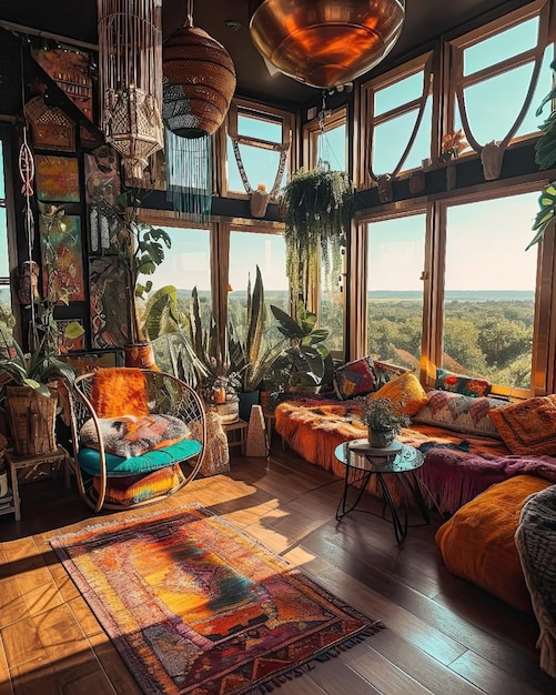 A room with a window that has a lot of plants on it