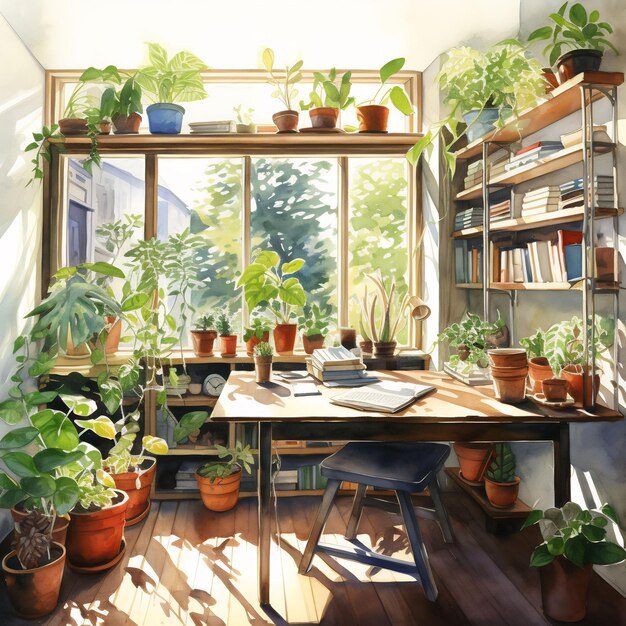 a room with a window that has a plant on it