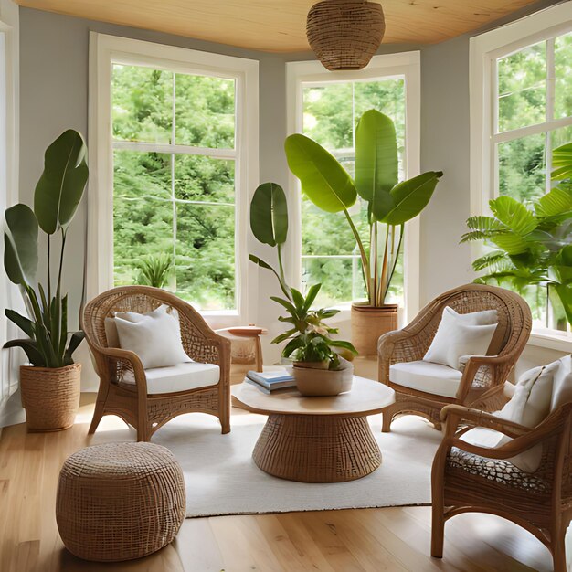 Photo a room with a window that has a plant and a window with a view of the woods outside