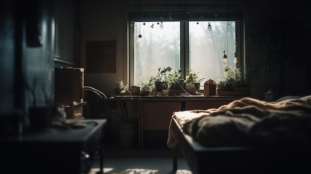 A room with a window that has plants on it