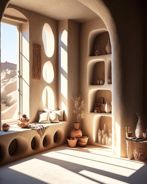 A room with a window that has a shelf with vases and other items on it.