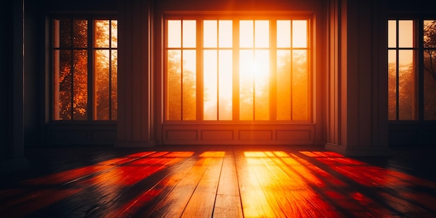 A room with a window that has the sun setting behind it.