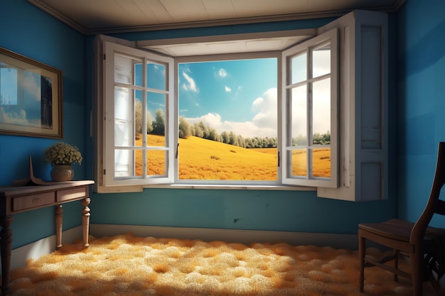 A room with a window that has a view of the field and the sky