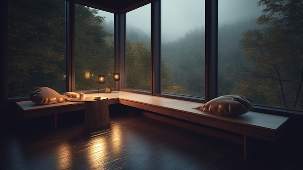 A room with a window that has a view of the forest outside