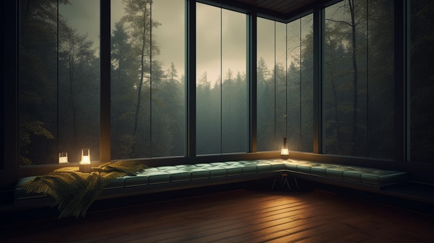 A room with a window that has a view of the forest.