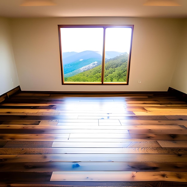 A room with a window that has the words blue mountain on it.