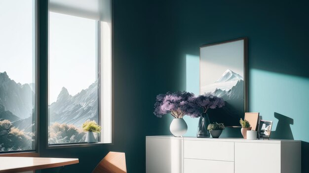 Foto una stanza con una finestra che dice montagna.