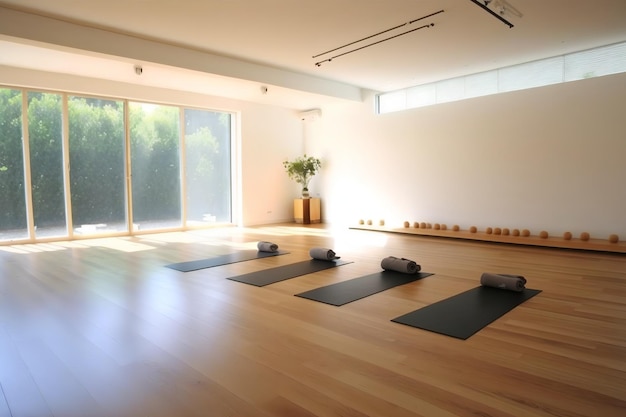 A room with a window that says yoga on it