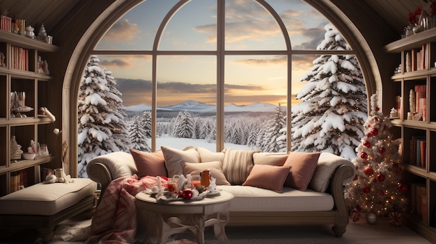 a room with a window and a view of a snowy landscape.