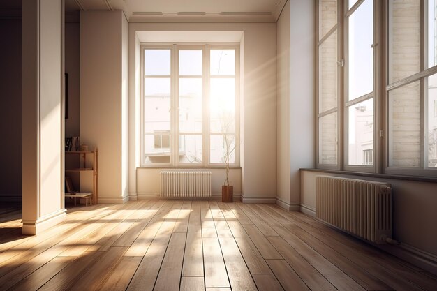 A room with a window and a wooden floor that has the sun shining through it.