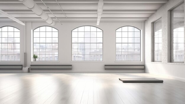 A room with windows that say'yoga'on it