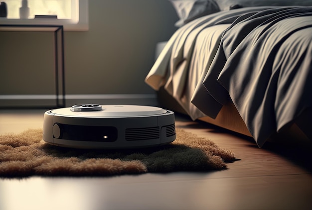 In the room with a woman sleeping a modern robot vacuum cleaner is nearby