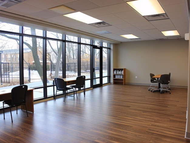 a room with a wood floor and windows