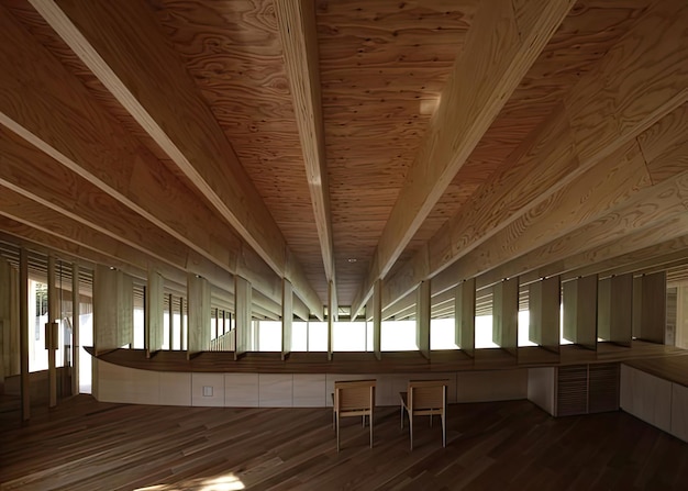 a room with a wooden ceiling and a large window with a white frame