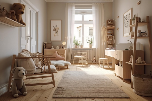 A room with a wooden chair and a shelf with a picture of a bird on it.