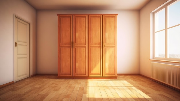A room with a wooden cupboard Generative AI