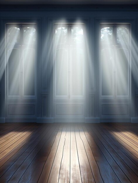 a room with a wooden door and a light shining through the windows