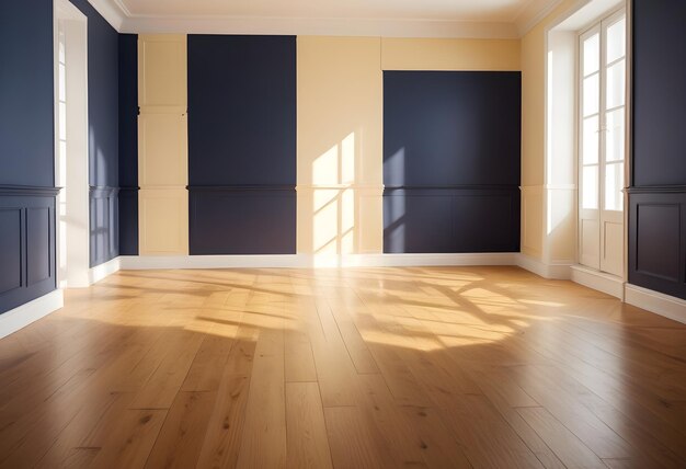 Foto una stanza con un pavimento di legno e una porta nera che dice sole sulla parete