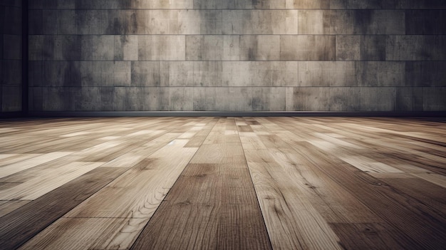 A room with a wooden floor and a brick wall