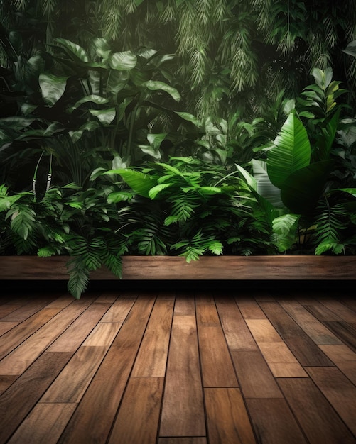 A room with a wooden floor and a jungle background