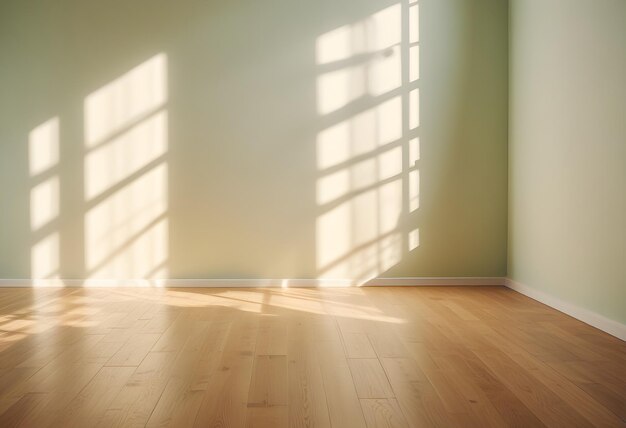 Foto una stanza con un pavimento di legno e una luce che brilla sul muro